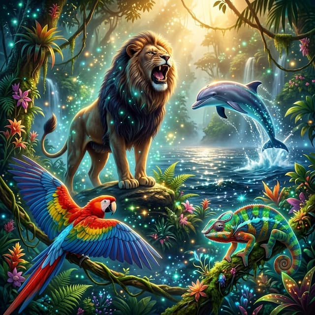 Vibrant montage of wildlife animals: roaring lion, scarlet macaw parrot, jumping dolphin, and colorful chameleon in a glowing tropical rainforest