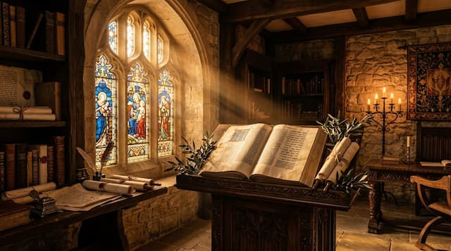 Majestic ancient biblical study lectern with open illuminated scripture, warm sunbeams streaming through stained glass