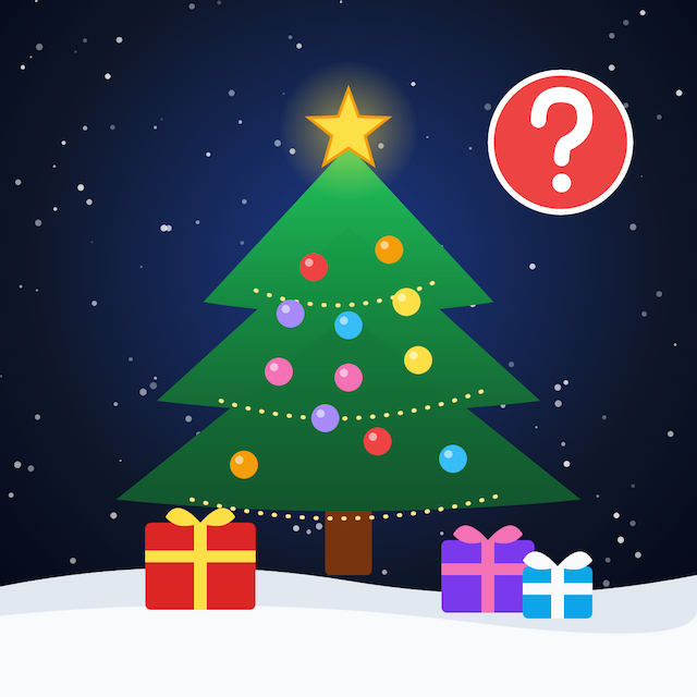 Illustrated Christmas tree with glowing ornaments, gifts, and a trivia question badge on a midnight-blue background