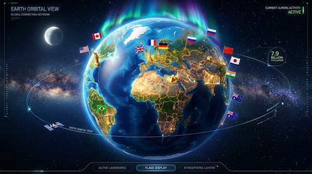 World Map with National Flags and Geographic Features