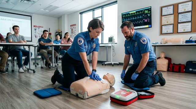 Professional emergency medical CPR training classroom with instructors demonstrating chest compressions on training manikin with AED unit