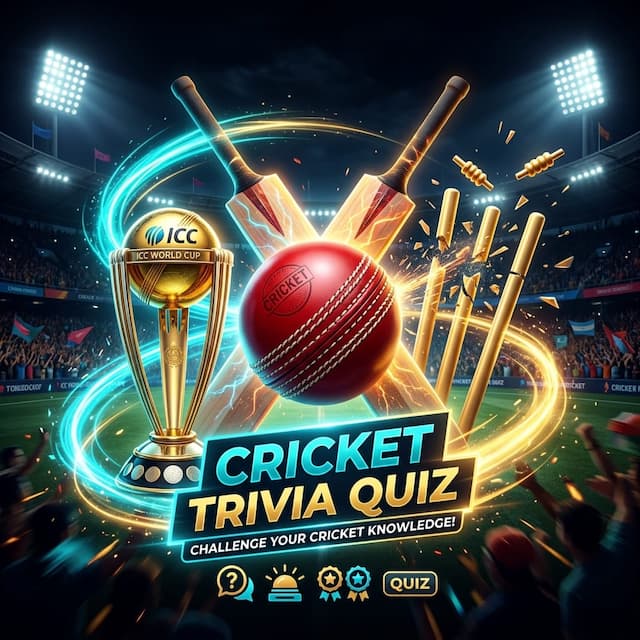Glossy red cricket ball, crossed willow bats, flying bails, golden World Cup trophy, and stadium floodlights illustration