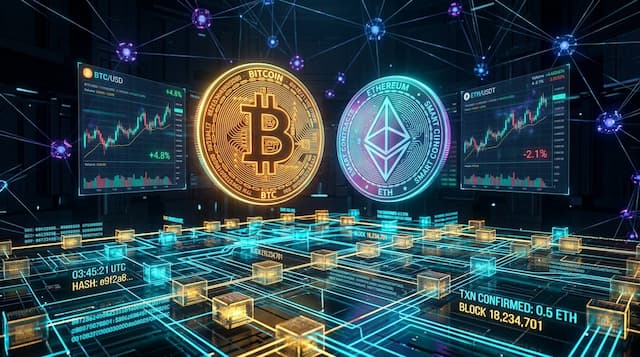 Futuristic glowing Bitcoin and Ethereum 3D tokens floating above a high-tech holographic decentralized blockchain ledger grid