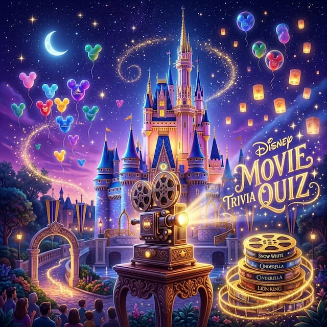 Fairytale castle under starlit sky with glowing lanterns, Mickey balloons, vintage projector, and golden film reels