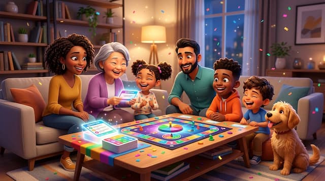 Family gathering around a coffee table playing fun trivia board game with colorful cards