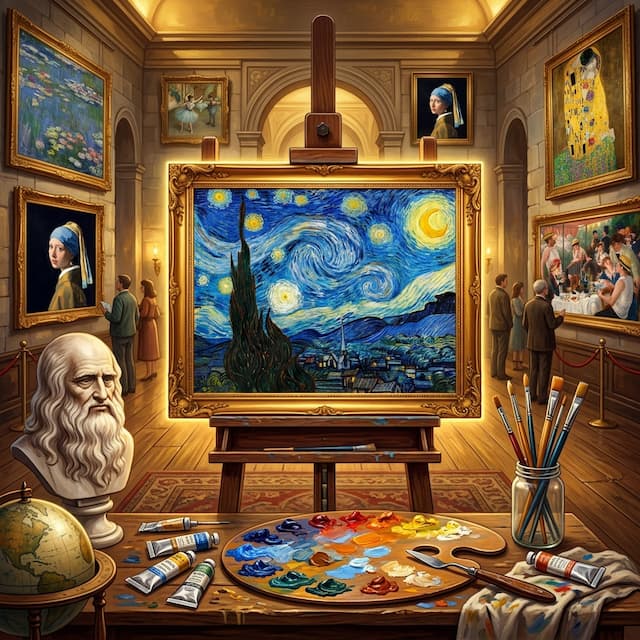 Art studio easel with glowing starry night canvas, classical marble bust, painter palette with vibrant oil colors and brushes