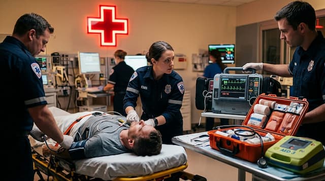 Professional medical emergency team providing life-saving care with defibrillator, first aid kit, and glowing red cross emblem