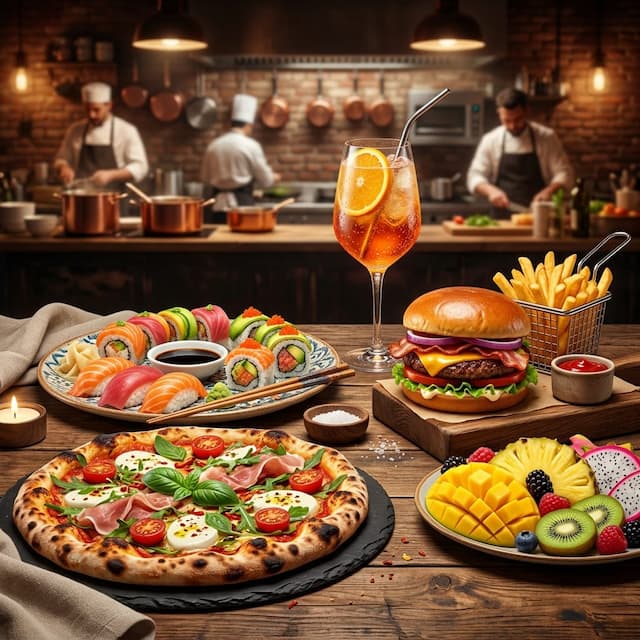 Artisan culinary composition with gourmet pizza, fresh sushi rolls, craft burger, tropical fruits, and sparkling spritz cocktail in a warm restaurant kitchen