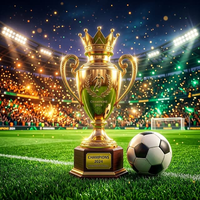 Golden Football Trophy and Stadium Pitch