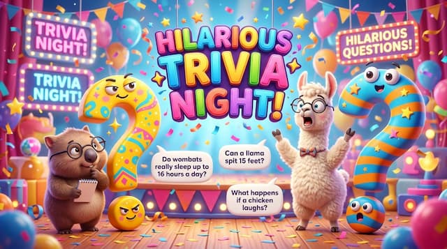 Playful vibrant stage with quirky cartoon animals, giant colorful question marks, and confetti