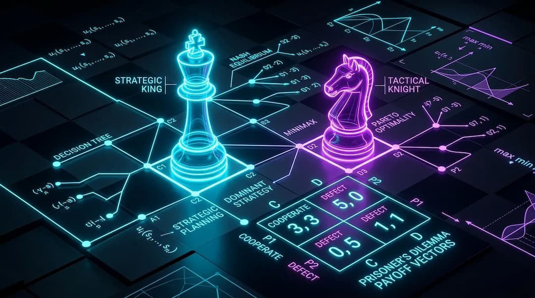 Neon holographic chess king and knight on mathematical grid with decision trees, dominant strategies, and payoff matrix
