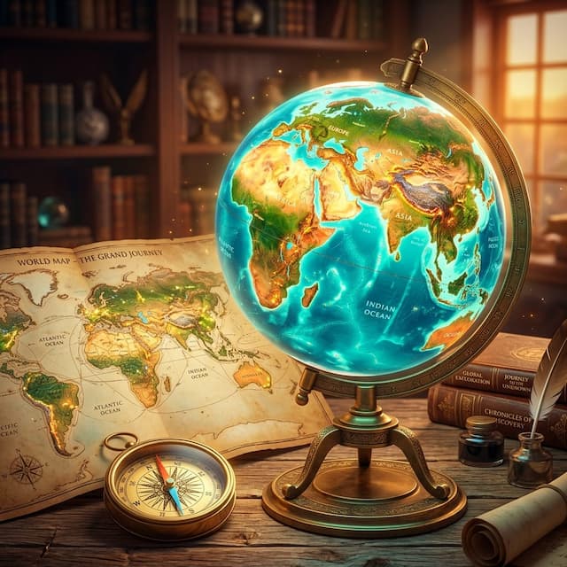 Illuminated Globe and Vintage Cartography Map
