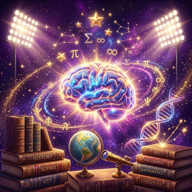 Glowing holographic brain surrounded by ancient celestial globes and modern digital quiz screens