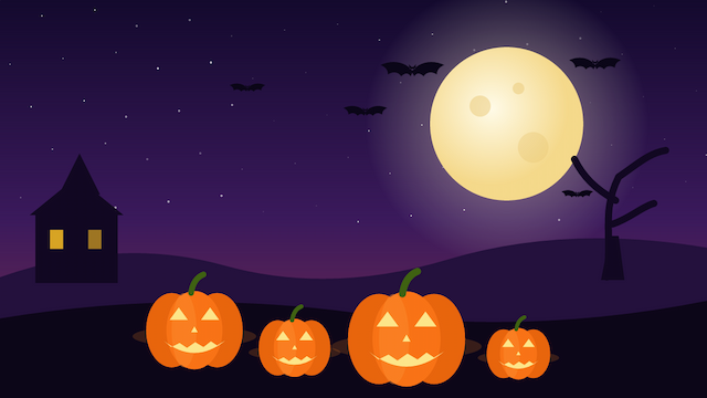 Jack-o'-lanterns under a full moon with flying bats for Halloween trivia questions