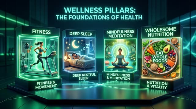 Four pillars of wellness showing fitness, deep restful sleep, mindfulness meditation, and wholesome nutrition