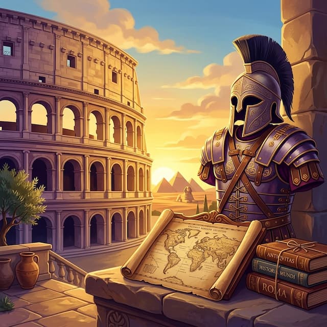 Ancient Roman architecture, warrior helmet, world map, and history books illustration