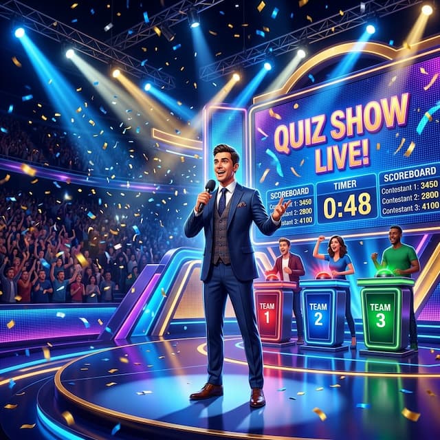 Excited quiz host on stage with digital scoreboard and buzzer podiums