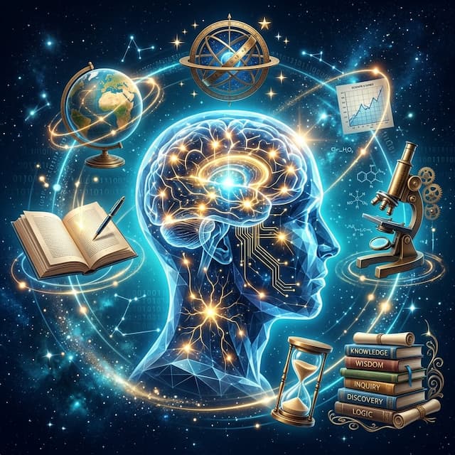 Luminous human head silhouette glowing with brain circuits, surrounded by orbiting books, world globe, microscope, and hourglass