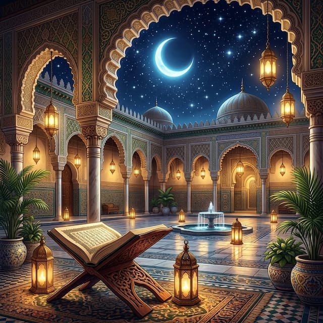 Majestic arched Islamic courtyard with glowing crescent moon, open Quran manuscript on wooden rehal stand, and glowing lanterns