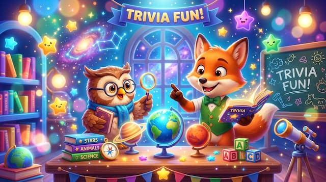 Enchanting colorful children trivia classroom with a friendly fox, owl reading books, celestial globes, and stars