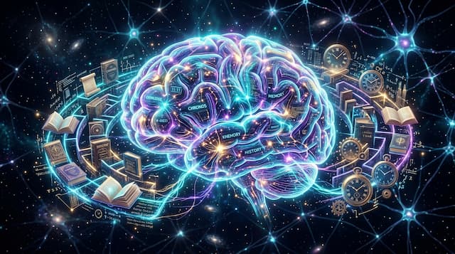 Glowing human brain surrounded by books, clocks, and neural synapses in deep cosmic space