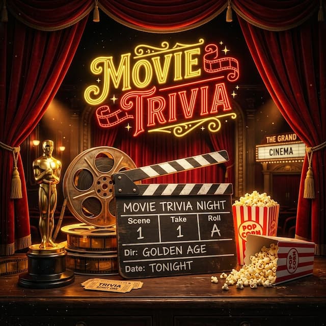Movie Trivia Quiz Hero Art featuring vintage film reels, clapperboard, and golden Oscar statuette