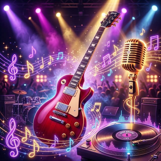 Vibrant musical composition with glossy electric guitar, golden vintage microphone, vinyl turntable, and neon stage lighting