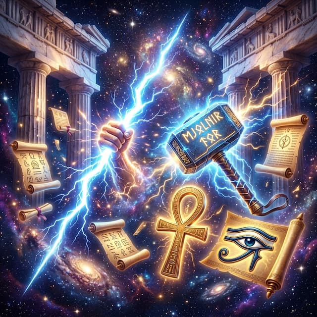 Mythology Trivia Quiz Hero Art featuring glowing lightning bolt of Zeus, Mjolnir hammer of Thor, and Egyptian Ankh