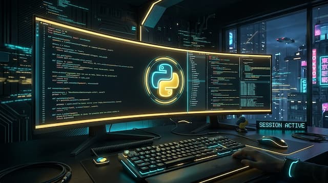 Futuristic developer workstation with glowing dual monitors displaying Python code and glowing neon Python emblem