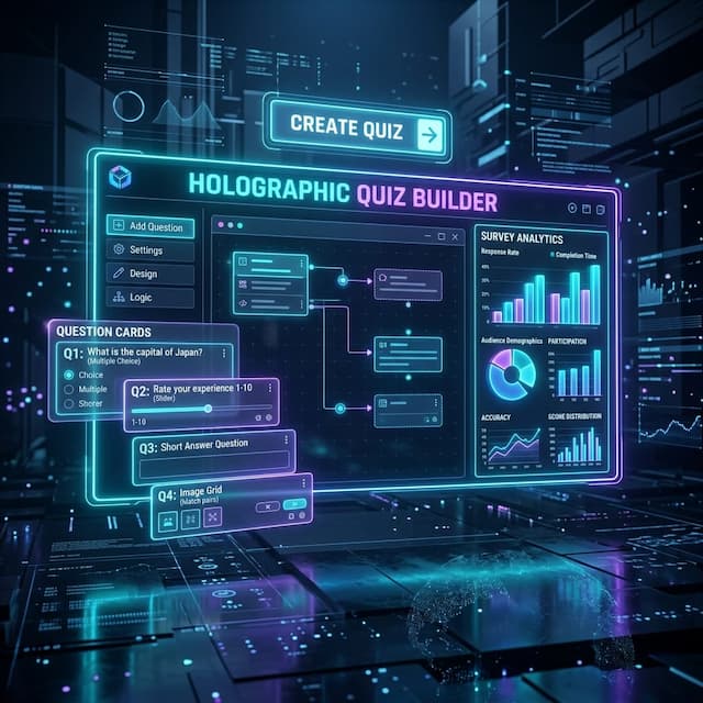 Futuristic digital workspace dashboard for building interactive quizzes and forms online