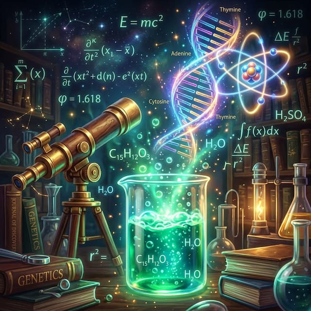 Scientific Laboratory Equipment with Glowing Atom and Cosmos Visuals