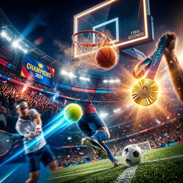 Dynamic sports montage with basketball swishing into hoop, glowing gold Olympic medal, tennis ball with motion trail, and stadium floodlights