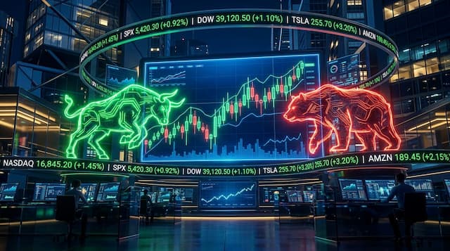Stock Market Trading Floor with Neon Bull and Bear Holograms
