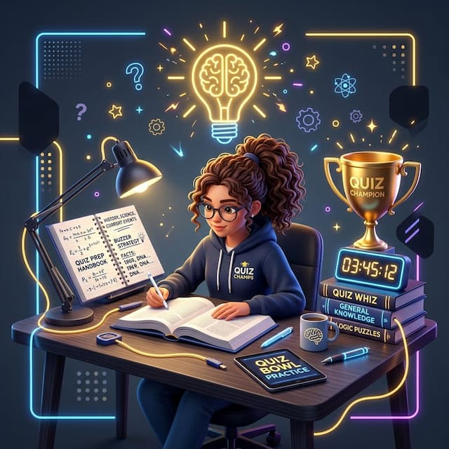 Illustrated study desk with books, trophies, glowing lightbulb, and timer representing quiz competition preparation