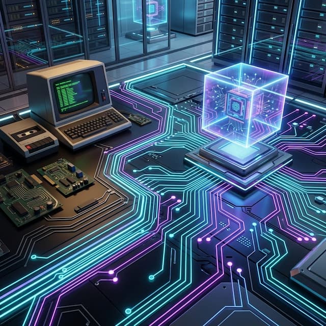 Glowing quantum microchip, futuristic motherboard traces, neural networks, and retro computer