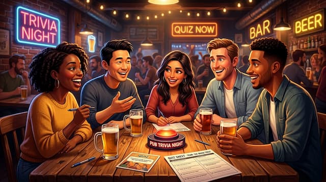 Vibrant cozy pub table with diverse adult friends laughing and strategizing with buzzer and answer sheets