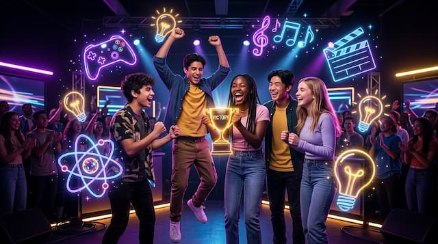 Trivia Questions for Teens party celebration with glowing neon icons