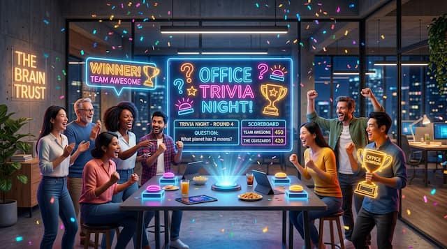 Diverse office coworkers celebrating and laughing around a colorful neon trivia night buzzer table