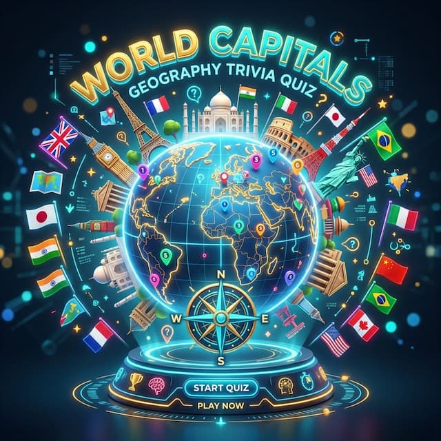 Stylized 3D glowing globe surrounded by miniature world capital monuments and flags representing global geography trivia