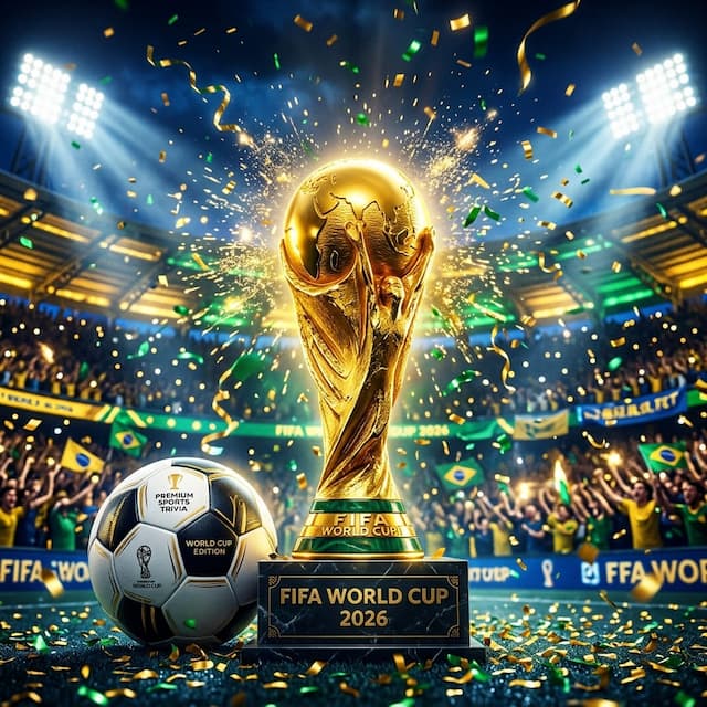 Gleaming golden FIFA World Cup trophy with a football soccer ball, glowing stadium floodlights and festive confetti