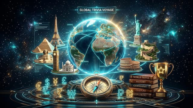 Global Trivia Composition with Globe, World Monuments, Compass, and Trophy